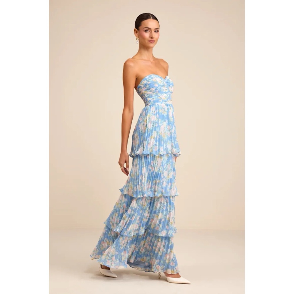Lulu's Light Blue Floral Strapless Maxi Dress